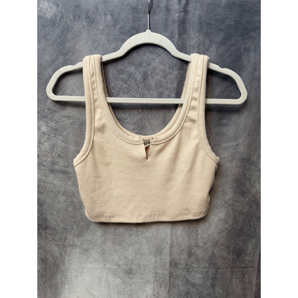 Signature 8 Ribbed Crop Tank Top Beige Notch Neck S1865 Womens Medium
